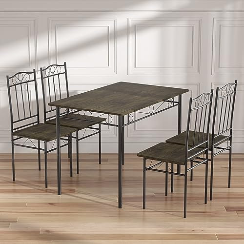 FURNITABLE Esstisch-Set für 4 5-teilig Esstisch Essgruppe mit 4 Stühlen Sitzgruppe Metallgestell, Industrie-Design, für Esszimmer, Wohnzimmer, Dunkle Holzfarbe