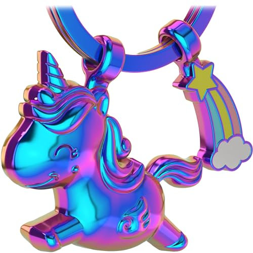 LANOLU Einhorn Schlüsselanhänger, Einhorn Geschenk für Mädchen, Einhorn Anhänger mit Regenbogen Schlüsselanhänger Pferd mit Horn, Glücksbringer Einhorn Geschenke Für Frauen, Metall 3D Figur