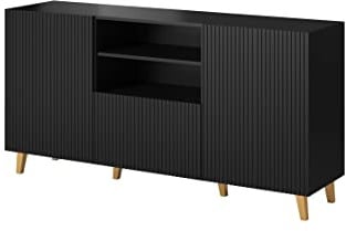 BIM Furniture Kommode Pafos 150 cm mit gefräster Front MDF Sideboard Highboard Schrank offene Regale Büfett (Schwarz)