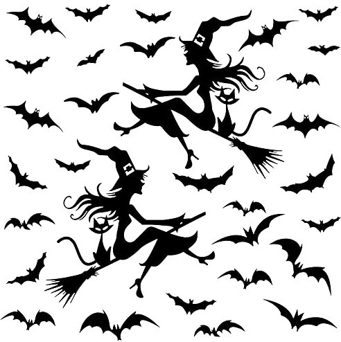 Lucleag 32 PCS Halloween Wall Stickers, Flying Witch on Broom Bats Wall Decals, Halloween Black Cat and Bat Decal Wall Stickers, Removable Vinyl Decal Stickers for Halloween Party Decoration