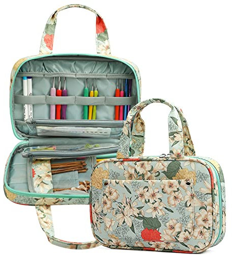 Aeelike Grüne Lilien Häkelnadel-Etui, Tragbar Handarbeitstasche mit Zwei Transparente PVC-Taschen, Dauerhaft Häkeltasche Aufbewahrung für Häkelnadeln, Stricknadeln und Zubehör(nur Tasche)