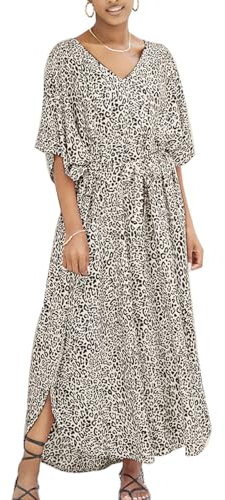 Snyemio Damen Kaftan Lange Sommer Tunika Strandkleid Große Größen Strand Maxikleid Übergröße mit Gürtel,Farbe 2,Einheitsgröße