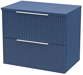 Hudson Reed DFF393W Fluted Modern Bathroom Wall Hung 2 Drawer Vanity Unit with Colour Match Worktop, 600mm, Satin Blue