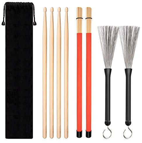 Drumsticks Klassisch Set, 4 Paar Ahorn Drumsticks Drahttrommelbürste und Dowel Drumsticks mit Aufbewahrungstasche für Anfänger oder Fortgeschrittenen Drummer