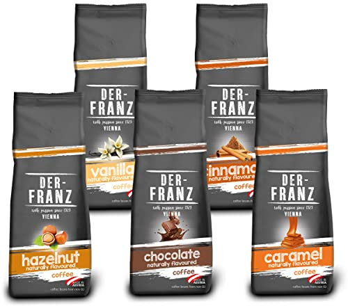 Der-Franz caffè Pack, chicchi interi, flavoured, 5 x 500 g (1 x Nocciola, 1 x Vaniglia, 1 x Chocolate, 1 x Cannella, 1 x Caramello)
