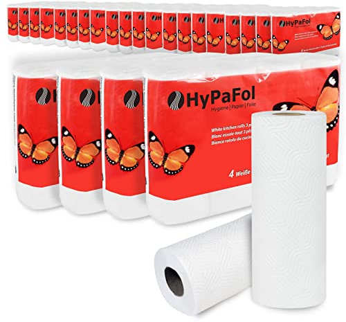 Hypafol Küchenrollen 3-lagig I 96 Rollen, 25 x 21cm Küchentücher aus Zellstoffwatte I saugstark, weich & vielseitig einsetzbar I 24x4 Rollen mit 45 weißen Blättern pro Rolle