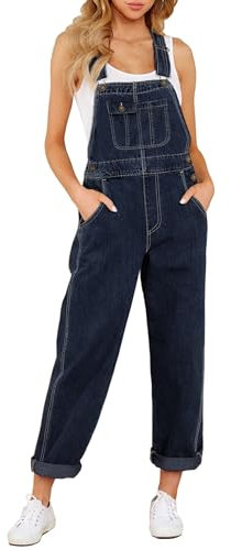 Roskiky Salopette da donna in denim, elasticizzati, dritta, in jeans, vestibilità normale, con cinghie regolabili, blu scuro, M