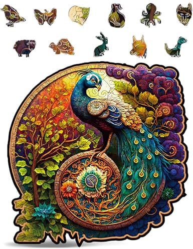 Animal Wooden Puzzles for Adults – A3 Peacock with 127 Pieces – Jigsaw Puzzles with Unique Animal Shapes – 10.6 x 10.7