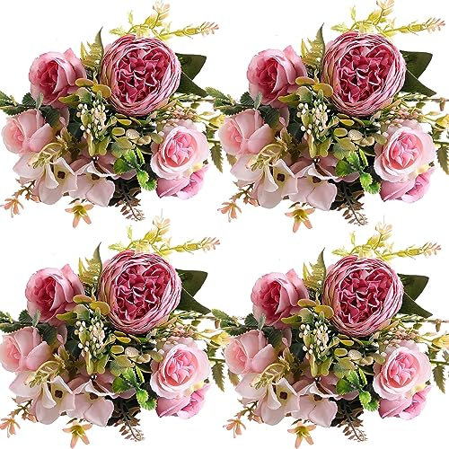 linhaida Künstliche Blumen, 4Pcs Unechte Blumen Deko Pfingstrose Seide Hortensie Herbstblumenstrauß, Realistische Blumenarrangements Tischdekoration Hochzeitssträuße für Party Heimdekoration