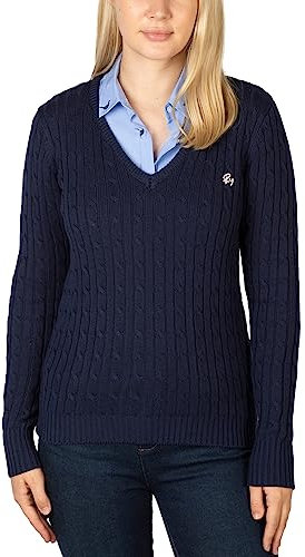 Ladies V Neck Cable Knit Jumper Womens Chunky Knitted Jumper Pullover Sweater (UK, Numeric, 16, Regular, Regular, Navy/Pink)