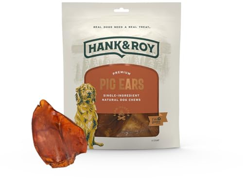 Hank & Roy Pig Ears for Dogs, All-Natural, Single-Ingredient, Long Lasting, Easily Digestible Whole Pig Ear Dog Treats, Antibiotic and Hormone Free, Individually Wrapped for Odor Control and Freshness