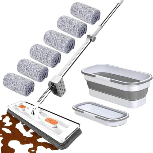 Aocase Grand Ensemble serpillère Plate et Seau, serpillière Plate Auto-essoreuse pour Utilisation Humide et sèche, serpillière rotative à 360°, Long Manche réglable en Acier Inoxydable,Blanc