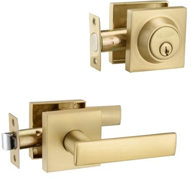 NCSEN Leva per porta di passaggio con catenaccio monocilindrico, set di serratura esterna contemporanea con catenaccio, chiavistello quadrato resistente e maniglia per porta (ottone satinato)