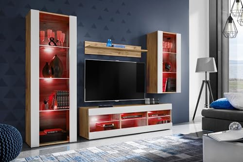 Komodee Wohnwand Wohnzimmerset Tivoli Medio, Weiß/Wotan, Breite 245cm x Höhe 159cm x Tiefe 35cm, LED RGB, für Wohnzimmer, Schlafzimmer