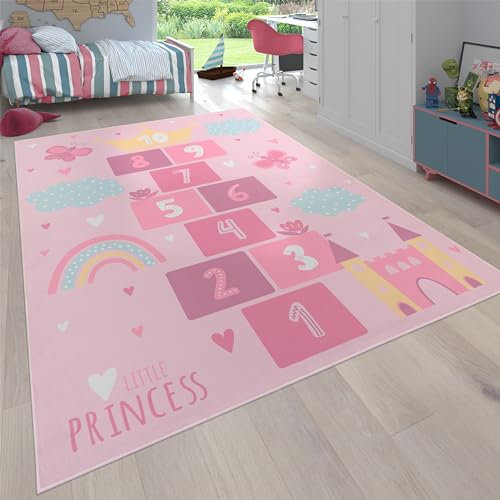 Paco Home Teppich Kinderzimmer Kinderteppich rutschfest Spielteppich Krabbelmatte Modern Herz Waschbar Pink, Grösse:200 cm Rund