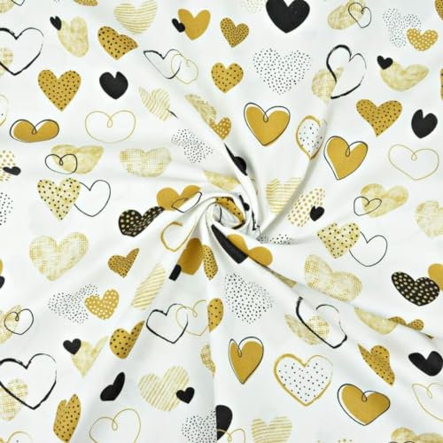 Textrend Baumwollstoff Stoffe Meterware - Stoff zum Nähen - 100% Baumwolle - Baumwollstoff mit Herzen - Textilien 1x1.6m (Herzen gemustert beige auf weißem Hintergrund)