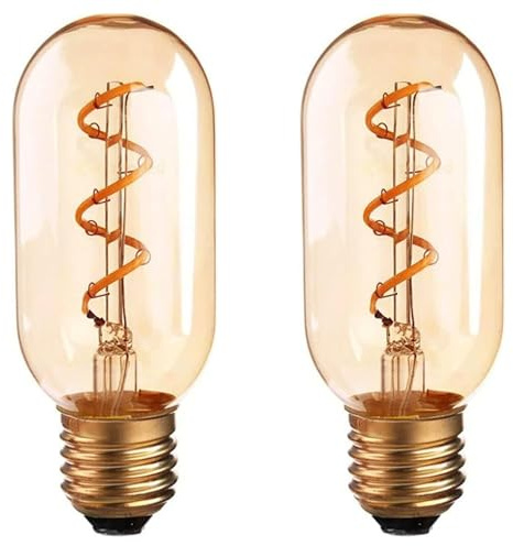 Pack 2, LED E27 Light Bulb, T45 4W (40 Watt Equivalent) Tubular LED Spiral Filament Non-Dimmable 2700K Warm White 450 Lumens | Vintage Style Energy Saving Amber Bulb for Home Decorations