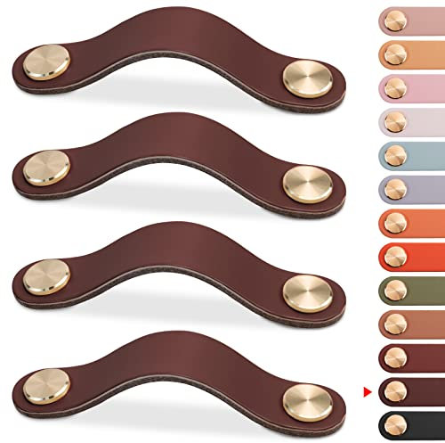 LEREATI 4pcs Leather Drawer Handles Drawer Knobs Kitchen Cupboard Handles, Leather Drawer Pulls for Cupboards, Wardrobe, Dresser, Closet (Dark Brown, 160mm Hole Center)