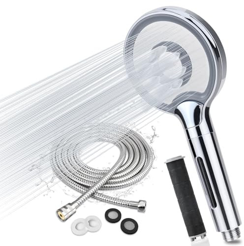 Shower Head and Hose 2M, High Pressure Shower Heads with 3 Spray Modes, Water Saving Showerhead Universal Replacement, Handheld Low Hard Water Filter Shower Head for Residual Chlorine Remove (Chrome)