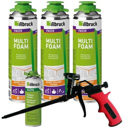 FM220 Lot de 3 mousses de construction, de montage, pour fenêtre, haute isolation phonique, isolation thermique, 500 ml, avec nettoyant AA290 + pistolet à mousse Business