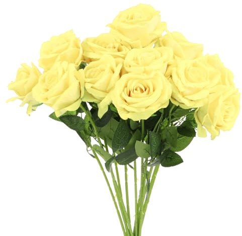 sourcing map 12 Pcs Pale Yellow Roses Artificial Flowers, Velvet Rose Real Touch Fake Roses with Stems for Home Decor Wedding Bouquet Hotel Office Decor