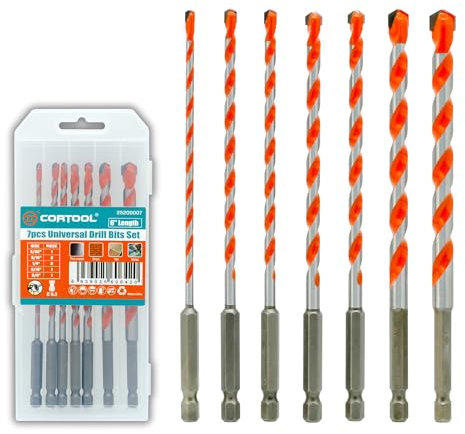 Cortool Masonry Drill Bits Set for Tile, Brick, Cement, Concrete, Glass, Plastic, Cinder Block, Wood, Fully Ground with Carbide Tips and Hex Shank Quick Change (5/32-3/8 Masonry Drill Bits 7PCS Set)