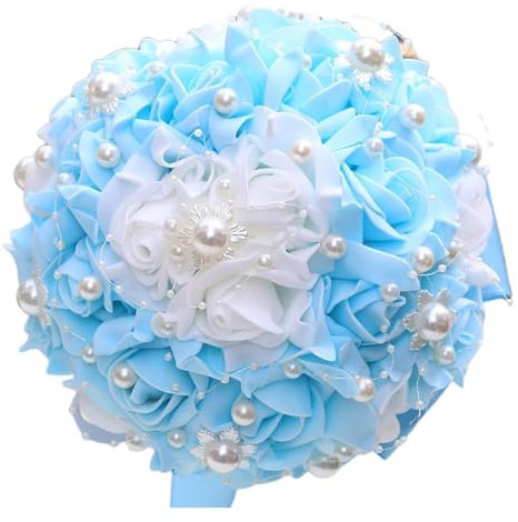 Yanonug Bouquet Da Sposa Azzurro, Bouquet Da Sposa Con Perle Di Diamanti, Bouquet Artificiale, Bouquet Da Sposa Con Nastro Blu E Avorio(20cm)
