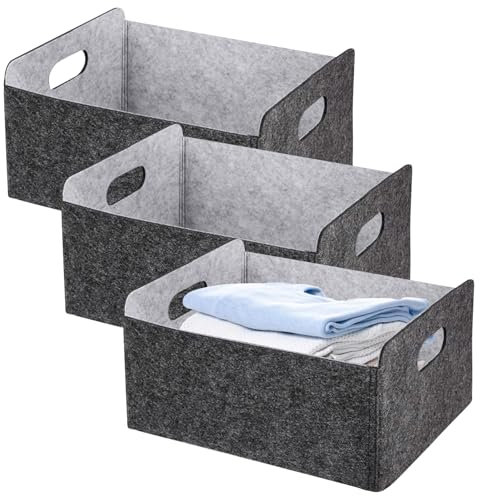 Robusto cestino in feltro di colore grigio, 3 pezzi di cestino portaoggetti in feltro, 31 x 25 x 15 organizer pieghevole, contenitore in feltro, contenitore pieghevole per vestiti