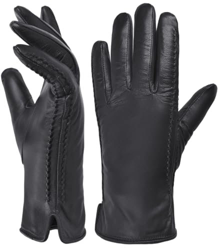 Harssidanzar Damen Winter Warmes Futter Lammfell Leder Handschuhe Touchscreen Texting Warme Fahrhandschuhe HL001EU,Schwarz,Größe XS