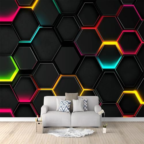 Mural Wallpaper Black Background Hexagon Edge neon Photo Wallpaper Bedroom Living Room Decoration Poster 300 x 210 cm Non-Woven Premium Art Print Wall Mural 3D Effect Red