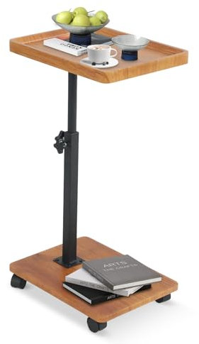 GDWD Beistelltisch mit Rollen, C Form Kleiner Couchtisch, Höhenverstellbar Sofatisch, 360° Dreher Kaffeetisch mit Tischplatte, Betttisch Laptoptisch Nachttisch für Wohnzimmer Schlafzimmer (Holzfarbe)