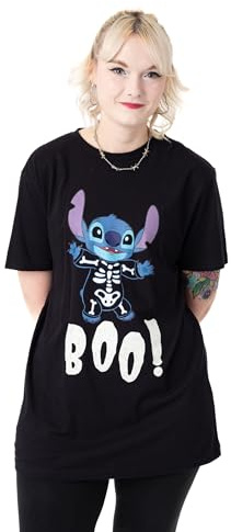 Disney Lilo & Stitch Womens Black Graphic Tee | Halloween Stitch Boo! Short Sleeve T-Shirt | Crew Neck Casual Cotton Top