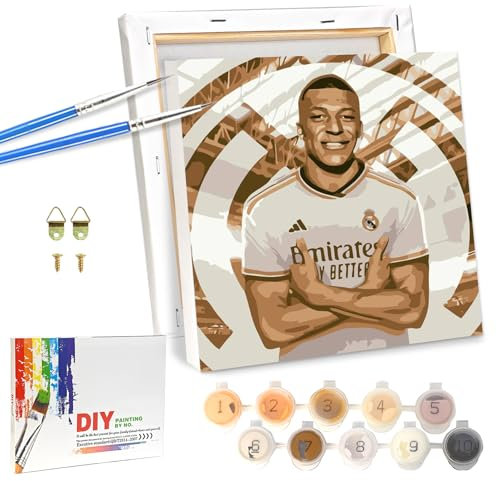 Lixkuokuo Fussball Malen Nach Zahlen mit Rahmen für Junior Erwachsene Anfänger und Kinder ab 6 Jahre, KM9 Fußball Painting Bastelset mit Leinwand Pinseln Acrylfarben, 20x20cm Kleine DIY Gemälde Kit