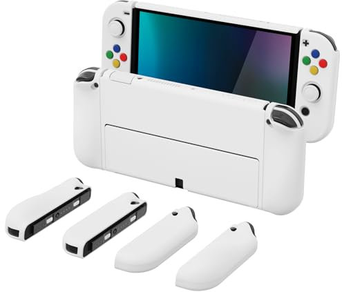 PlayVital AlterGrips Hülle für Nintendo Switch OLED, Joy Con Slim Case Hülle Schutzhülle Dockable Zubehör, Ergonomische Grip mit Thumbstick Caps&Tasten Kappen für Nintendo Switch OLED(Weiß)
