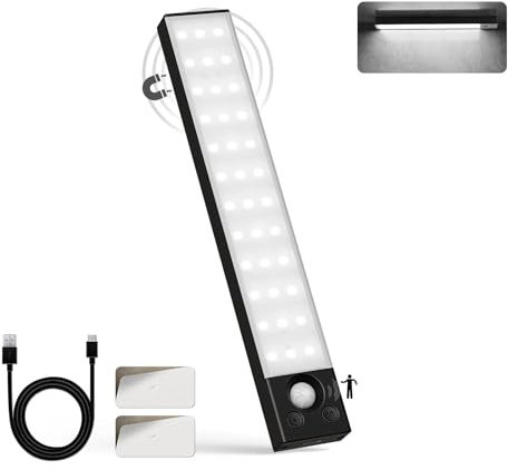 LQWELL® Schrankleuchte mit 36 LEDs und Bewegungsmelder, 22.5 cm, 1500 mAh, Wiederaufladbar, Dimmbar, Schrankleuchte für Küche, Kleiderschrank, Bücherregal, Schlafzimmer (Schwarz, 1 Stück)