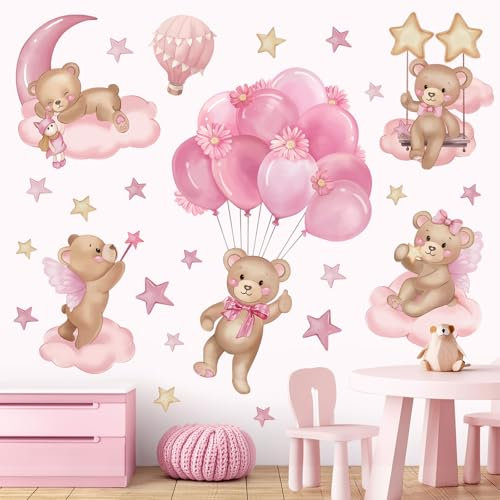 wondever Wandtattoo Heißluftballon Rosa Bär Wandaufkleber Luftballons Bär Wolken Sterne Wandsticker Wanddeko für Kinderzimmer Mädchen Babyzimmer Schlafzimmer