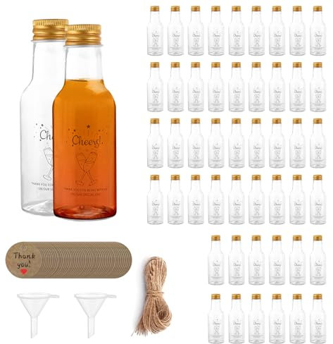 DAJAVE 50 Pack Mini Shot Bottles with Lids 50ml Miniature Alcohol Bottles, Reusable Small Plastic Bottle Empty Mini Bottle for Wedding Favour, Party - with Funnels Labels