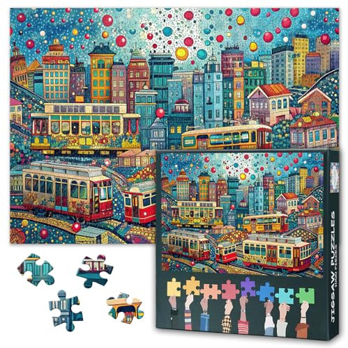 Doodle Tram Puzzles for Adults 1000 Pieces, Challenging City Landscape Jigsaw Puzzles, Difficult Nature Landscape Jigsaw Puzzle for Adults, House Puzzle 20X27 INCH