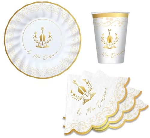 Kit coordinato tavolo La mia CRESIMA - fantasia Cappello e Bastone del Vescovo - Colore Bianco e Oro lucido - decoro Tavola buffet feste MONOUSO - 12 piatti + 12 Bicchieri + 16 tovaglioli