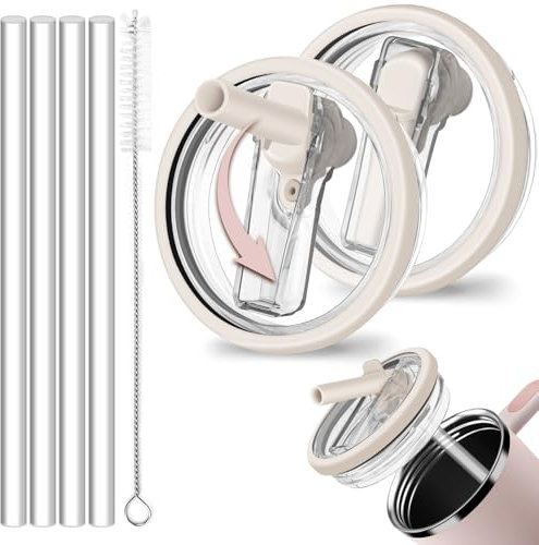 2 Stück Ersatzdeckel für Stanley Cup Deckel 40oz , Auslaufsichere und Staubdichte Tumbler Abdeckungen Becher mit 4 Hitzebeständigen Strohhalmen und 1 Strohbürste, Deckel für Stanley Cup Zubeahör(Weiβ)