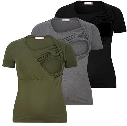 M.M.C. Stillshirt Kurzarm Damen 3er Pack – Umstandsmode und Stillmode, unifarben, 95% Baumwolle