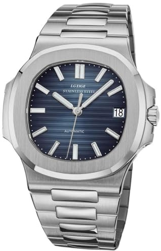Alienwork Automatikuhr Armbanduhr Herren Damen Silber Edelstahl Metallarmband Kalender Datum Marineblau Kalender Glasboden Wasserdicht 5 ATM