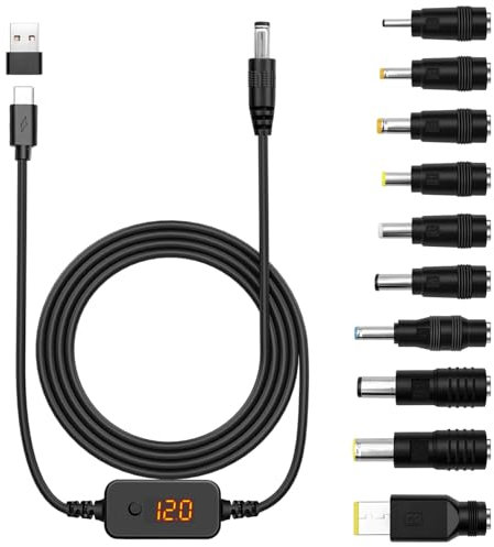 Dexumodbk USB PD to DC Power Cable Charger Adapter 5V,9V,12V,15V,20V Adjustable Voltage Type C to DC 5.5 X 2.1mm Plug Universal Charging Power Supply Cord with 10 DC Conversion Heads(1.2m)