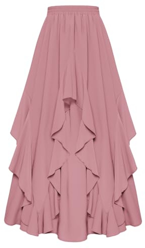 SCARLET DARKNESS Jupe Longue Femme Renaissance Médiévale, Mousseline, Taille Élastique, Ourlet à Volants Rose Poussiéreux S