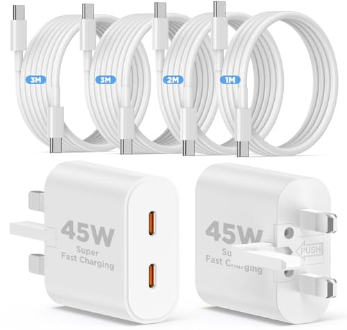 QZIIW iPhone 17 16 15 Fast Charger USB C Plug & 60W Extra Long 1/2/3/3M USB C Cable, 45W 2Pack Dual Ports UK Wall Phone Charging PD Quick Charging 3.0 For iPhone 17/16/15 Air Plus Pro Max/iPad/Samsung