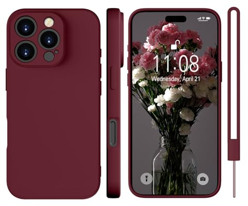 KPPIT for iPhone 16 Pro Max case silicone,Full camera coverage Military-Grade Protection 360°,With Protective hand strap,Wine Red