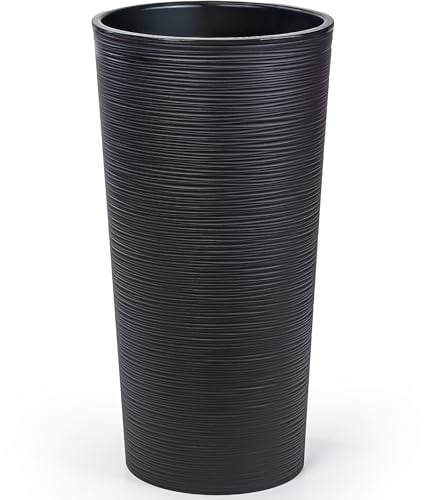 KONZEPT Blumentopf hoch 57 cm mit Einsatz, 30 cm Durchmesser, Schwarz | Pflanzkübel groß aus Kunststoff in Meißel-Optik, UV- & wetterbeständig, für Innen & Außen, Balkon, Terrasse & Garten