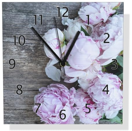 Wallario Design Wanduhr Pinke Blumen auf Holz aus Aluverbund, Alu-Uhr Größe 30 x 30 cm, Schwarze Zeiger mit Metalloptik