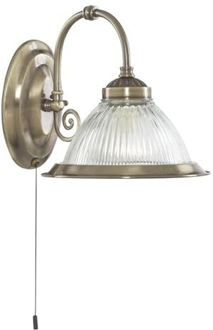 Wandleuchter 1-flammig im American Diner-Stil, Messing-Antik-Optik, transparentes geriffeltes Glas, für 1 x 60-Watt-Lampe BC