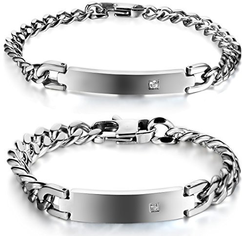JewelryWe Schmuck 2 Poliert Edelstahl Unisex Armbänder Panzerarmband Partnerarmband Armkette Armreif Herren Damen Armband, Silber, mit Geschenk Tüte - kostenlos Gravur